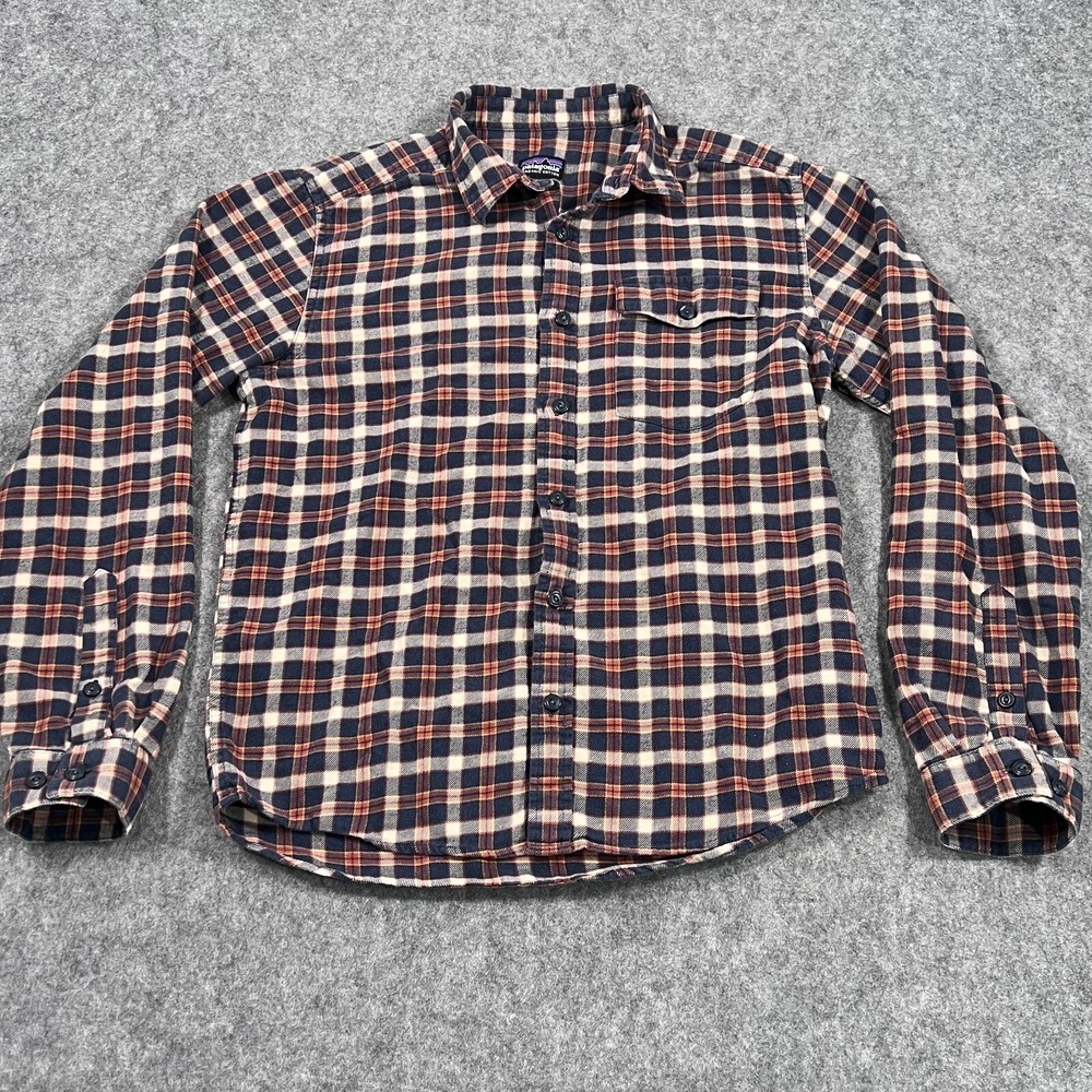 Patagonia Blue Orange Plaid Lightweight Fjord Flannel Shirt Men's Size Small